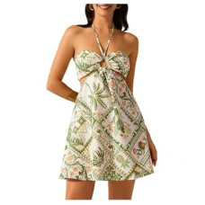 MakeMeChic Women's Summer Tropical Print Mini Dress Sundress 2025 Halter Backless Cut Out Short…
