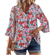 LOOKBOHO Womens Boho Tops Ruffle 3/4 Sleeve Button V-Neck Dressy Casual 2025 Fall Bell Sleeve…