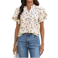 LOOKBOHO Womens Tops Dressy Casual Trendy Business Work Blouses Short Sleeve Ruffled V-Neck Tshirts