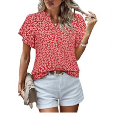 LOOKBOHO Womens Tops Dressy Casual Trendy Business Work Blouses Short Sleeve Ruffled V-Neck Tshirts
