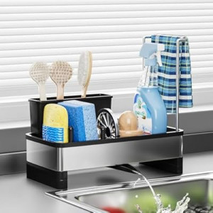 Ewaiira Stainless Steel Sink Caddy, Sponge Holder for Kitchen Sink with Brush Holder & Dishcloth Rack, Rus…