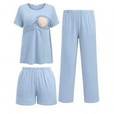 Ekouaer 3 Piece Postpartum Nursing Pajamas Set Short Sleeve Breastfeeding Shirts Pregnancy Sh…
