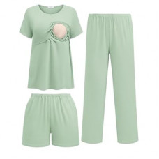 Ekouaer 3 Piece Postpartum Nursing Pajamas Set Short Sleeve Breastfeeding Shirts Pregnancy Sh…