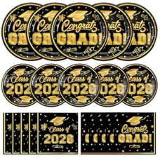 Litmitfu 150 Pcs Graduation Plates and Napkins 2026 - Black Gold Congrats Grad Class of 2026 Paper…