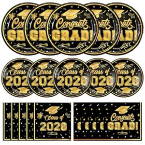 Litmitfu 150 Pcs Graduation Plates and Napkins 2026 - Black Gold Congrats Grad Class of 2026 Paper…