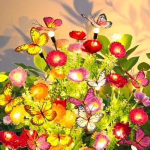 GARPAR Solar Garden Decor, 3 Pack Solar Lights with 9 Butterflies & 21 Blooming Flowers, Solar Flowers O…