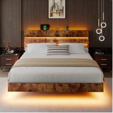 iPormis King Size Floating Bed Frame with LED Lights & Charging Station, Platform Bed with Wooden Storage…