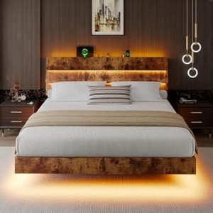 iPormis King Size Floating Bed Frame with LED Lights & Charging Station, Platform Bed with Wooden Storage…