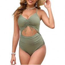 VIAURBE Women One Piece Swimsuits Tummy Control V Neck Cutout Ruched Drawstring Bathing…