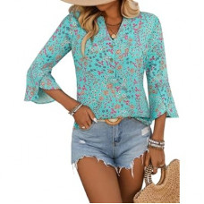 LOOKBOHO Womens Boho Tops Ruffle 3/4 Sleeve Button V-Neck Dressy Casual 2025 Fall Bell Sleeve…