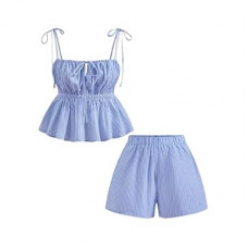 MakeMeChic Women's 2 Piece Outfits Striped Tie Shoulder Peplum Shirred Camisole and Shorts Set