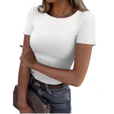 GKBK Womens Short Sleeve Tops Crew Neck Ribbed Slim Fitted Basic Tee Shirts Summer Tops Casual Spr…