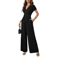LOOKBOHO Women Dressy Casual Jumpsuits Elegant High Waist Side Ruched Romper Summer Short Sle…