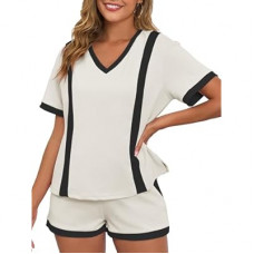 VIAURBE Women's Two Piece Outfits Color Block Lounge Sets Casual Short Sleeve Pullover Tops Matching Shorts