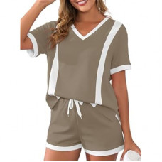 VIAURBE Women's Two Piece Outfits Color Block Lounge Sets Casual Short Sleeve Pullover Tops Matching Shorts