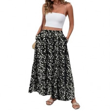 Women Boho Floral Maxi Skirts Casual Summer Flowy Elastic High Waisted A Line Beach Long Skirt wi…