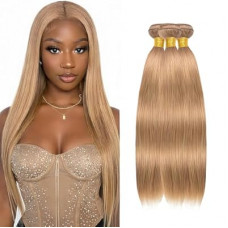 LUMWAV Straight Bundles Human Hair 12 14 16 Inch 12A Soft and Thick Honey Brown #27 Brazilian Vi…