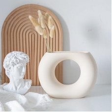 White Donut Vase - 5.5 Inch Ceramic Flower Vase, Minimalist Boho Home Decor for Centerpieces, Wedding, Li…