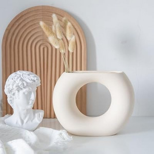 White Donut Vase - 5.5 Inch Ceramic Flower Vase, Minimalist Boho Home Decor for Centerpieces, Wedding, Li…