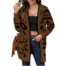 ZLIGXEA Women's Long Sleeve Animal Pront Cardigan Leopard Knit Sweater Open Front with Pockets C…