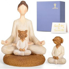 Vofstand Yoga Meditation Statue Gifts for Women - Mini Yoga Girl with Cat Dog Figurines Gift for Office Cu…