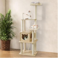 BOWHAUS 65” Wooden Cat Tree Tower for Indoor Large Cats & Kittens, Modern Tall Cat Climbing T…