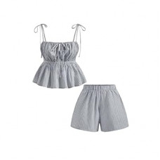 MakeMeChic Women's 2 Piece Outfits Striped Tie Shoulder Peplum Shirred Camisole and Shorts Set