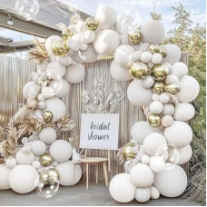 Double Stuffed White Balloon Arch with Clear Bobo, Double Stuffed Light Grey Different White Gold Balloon…