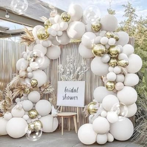 Double Stuffed White Balloon Arch with Clear Bobo, Double Stuffed Light Grey Different White Gold Balloon…