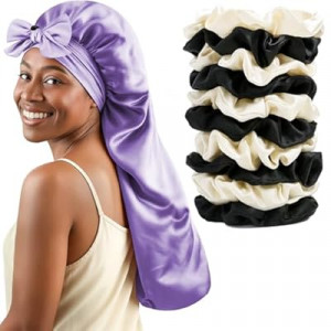 Long Hair Bonnet for Women, XL Silky Satin Sleeping Cap with Tie Band for Braids Curly Hair, Includes…