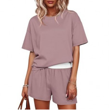 Tankaneo Womens Short Sets 2 Piece Summer Vacation Outfits Short Sleeve T-shirts Elastic Waist Shorts…