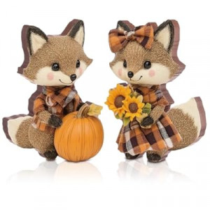 DoubleFill 2 Pcs Fall Fox Figurine Thanksgiving Wooden Fox Figurines Table Decoration for Autumn Than…