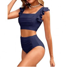 VIAURBE Women High Waisted Bikini Sets Square Neck Swimsuits Ruffle Cheeky Tummy Control Solid Two P…