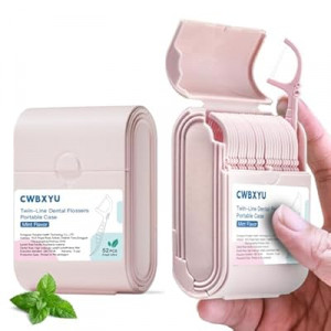 104 Count Twin Line Mint Floss Picks,2 Box Dental Floss Portable Travel Case,No Break No Shred Hig…