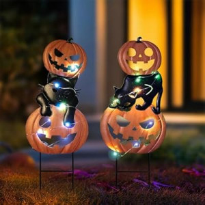 HONGLAND Halloween Decorations Solar Lights, 2 Pack Outdoor Waterproof Metal Pumpkin Stake w…