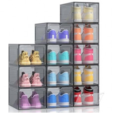 Kitsure Thicker & Sturdier Shoe Boxes - 12 Pack Black Clear Plastic Foldable Storage Organizer with Magnetic D…