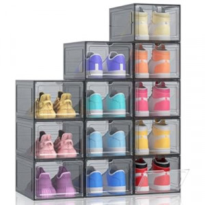 Kitsure Thicker & Sturdier Shoe Boxes - 12 Pack Black Clear Plastic Foldable Storage Organizer with Magnetic D…