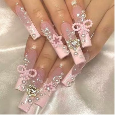 SEMATA 24Pcs Long French Tip Press on Nails Square Acrylic Fake Nails Press Ons with Glue Pearls…