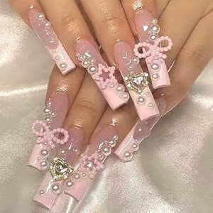 SEMATA 24Pcs Long French Tip Press on Nails Square Acrylic Fake Nails Press Ons with Glue Pearls…