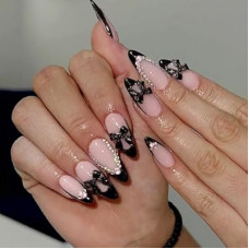 SEMATA Black French Tip Press on Nails Almond Medium Acrylic Fake Nails Press Ons with Glue…
