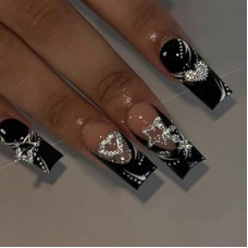 SEMATA Black French Tip Press on Nails Medium Long Square Acrylic Fake Nails Press Ons with Glue…