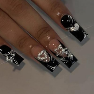 SEMATA Black French Tip Press on Nails Medium Long Square Acrylic Fake Nails Press Ons with Glue…