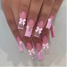 SEMATA Long French Tip Press on Nails Square Acrylic Summer Fake Nails Press Ons with Glue Bow F…