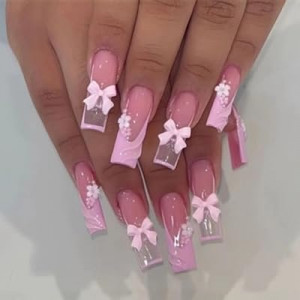 SEMATA Long French Tip Press on Nails Square Acrylic Summer Fake Nails Press Ons with Glue Bow F…