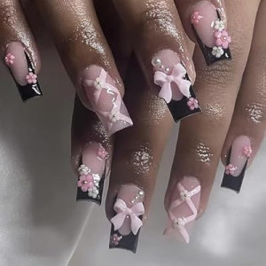 SEMATA Black Pink French Tip Press on Nails Medium Long Square Acrylic Fake Nails Press…