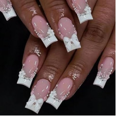 SEMATA Cute French Tip Press on Nails Medium Long Square Acrylic Fake Nails Press Ons with Glue…