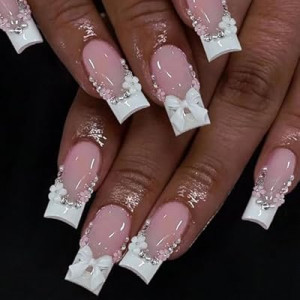 SEMATA Cute French Tip Press on Nails Medium Long Square Acrylic Fake Nails Press Ons with Glue…