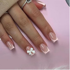 SEMATA Nude French Tip Press on Nails Medium Square Acrylic Fake Nails Press Ons with Glue White…