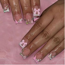 SEMATA Pink French Tip Press on Nails Short Square Acrylic Fake Nails Press Ons with Glue 3D Fl…