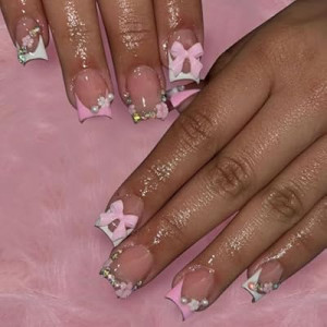 SEMATA Pink French Tip Press on Nails Short Square Acrylic Fake Nails Press Ons with Glue 3D Fl…